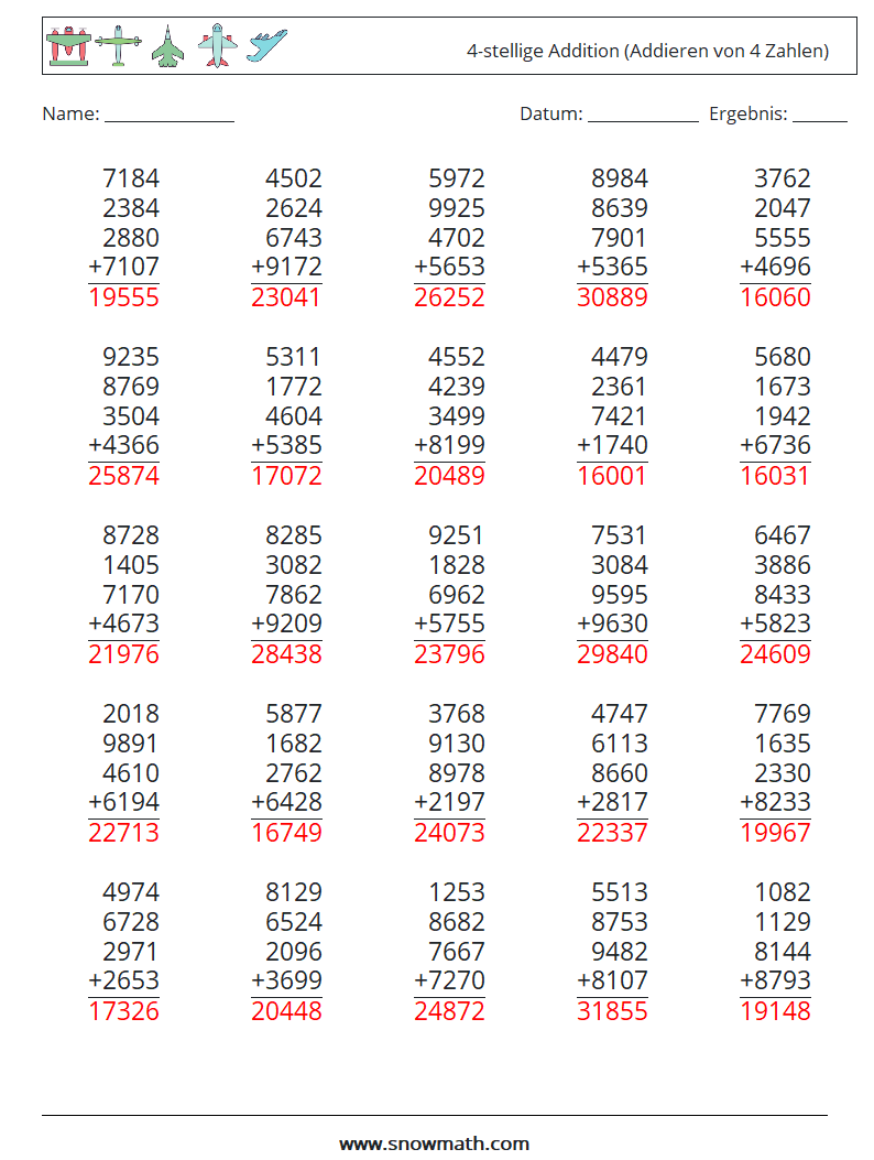 (25) 4-stellige Addition (Addieren von 4 Zahlen) Mathe-Arbeitsblätter 13 Frage, Antwort