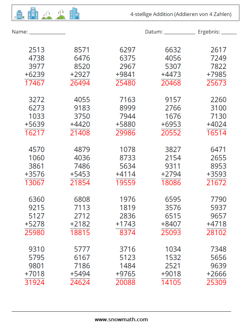 (25) 4-stellige Addition (Addieren von 4 Zahlen) Mathe-Arbeitsblätter 16 Frage, Antwort