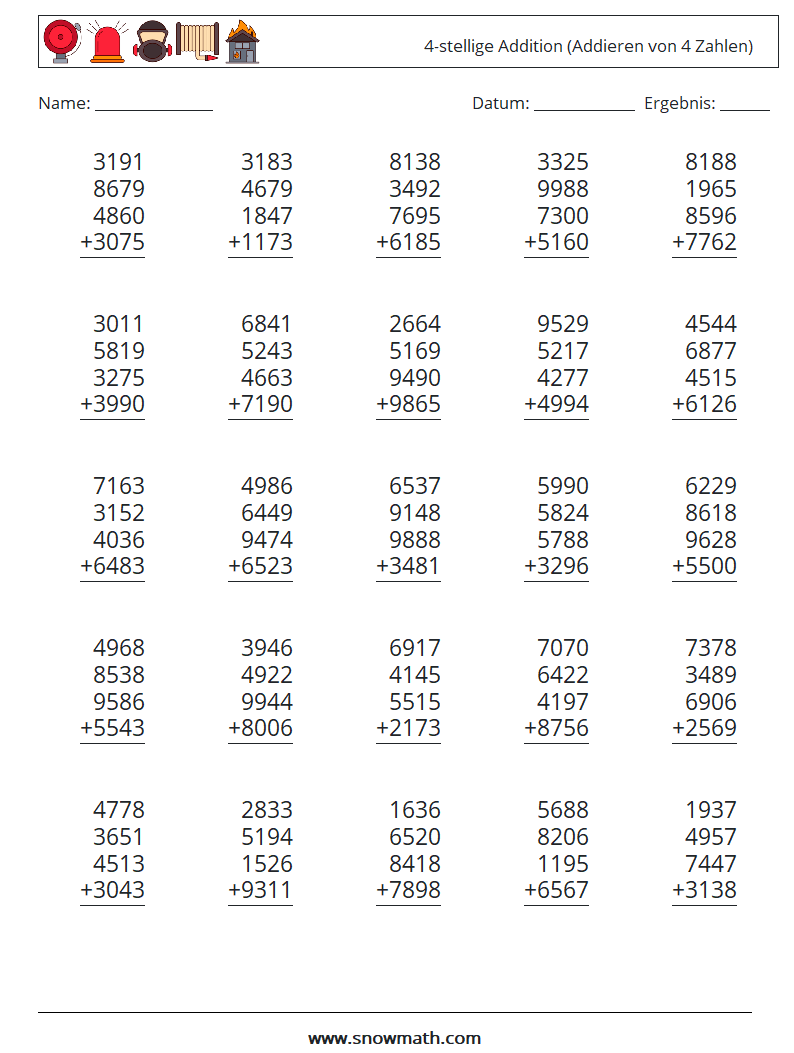 (25) 4-stellige Addition (Addieren von 4 Zahlen) Mathe-Arbeitsblätter 17