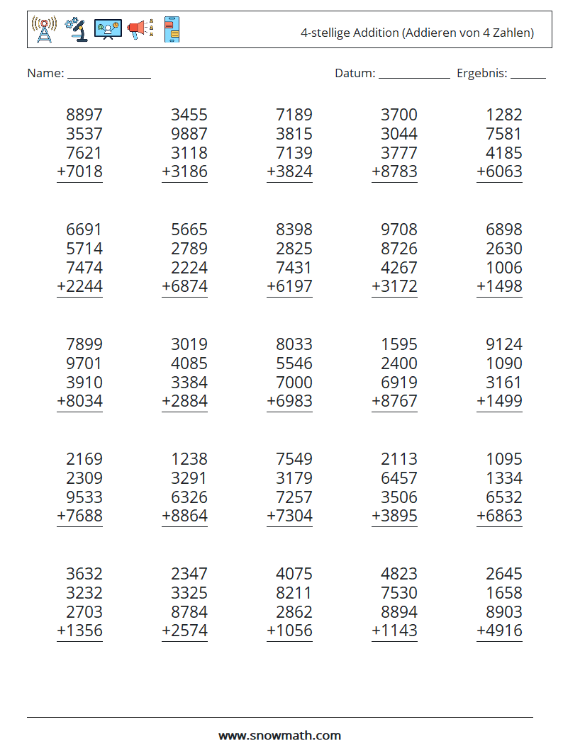(25) 4-stellige Addition (Addieren von 4 Zahlen) Mathe-Arbeitsblätter 18