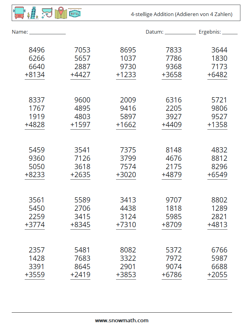 (25) 4-stellige Addition (Addieren von 4 Zahlen) Mathe-Arbeitsblätter 3