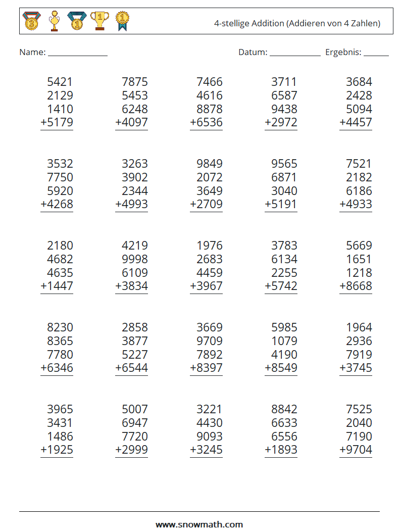 (25) 4-stellige Addition (Addieren von 4 Zahlen) Mathe-Arbeitsblätter 6