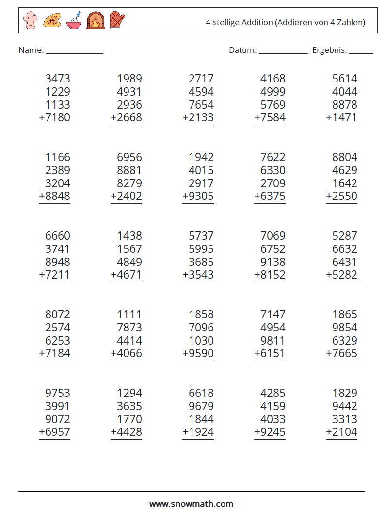 (25) 4-stellige Addition (Addieren von 4 Zahlen) Mathe-Arbeitsblätter 7