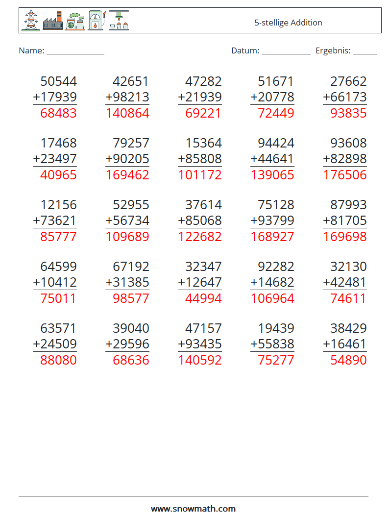 (25) 5-stellige Addition Mathe-Arbeitsblätter 10 Frage, Antwort