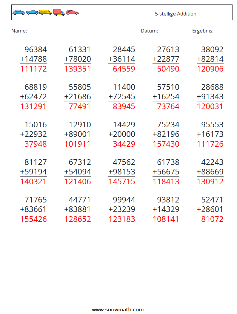 (25) 5-stellige Addition Mathe-Arbeitsblätter 13 Frage, Antwort