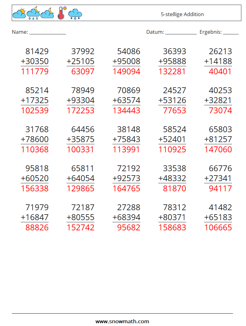 (25) 5-stellige Addition Mathe-Arbeitsblätter 15 Frage, Antwort