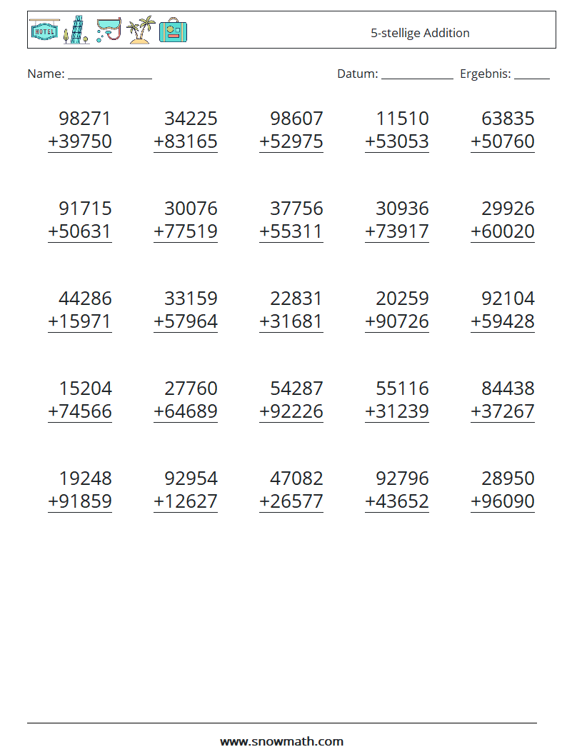 (25) 5-stellige Addition Mathe-Arbeitsblätter 17