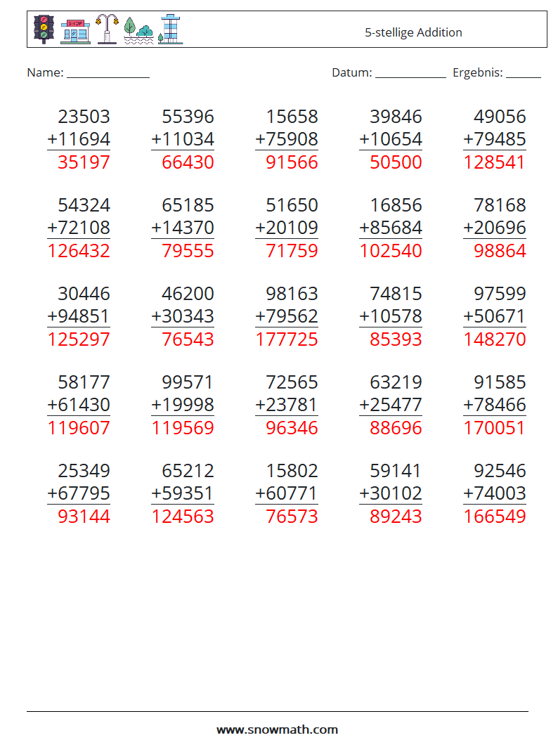 (25) 5-stellige Addition Mathe-Arbeitsblätter 18 Frage, Antwort