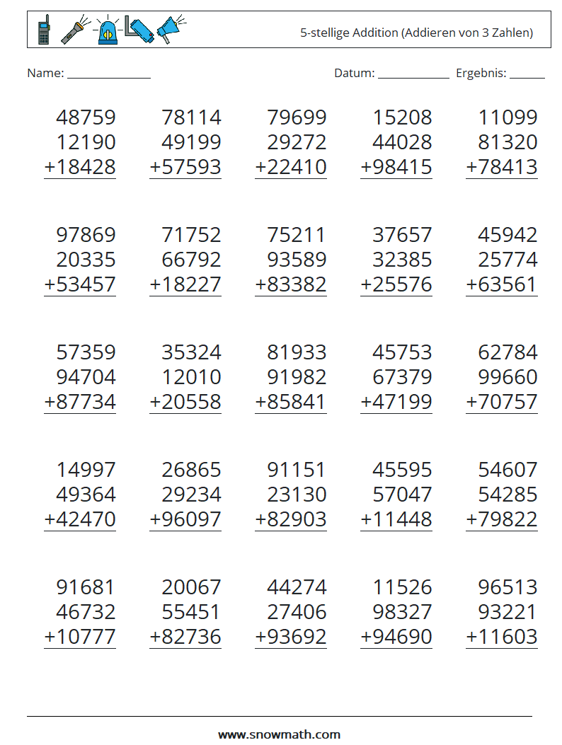 (25) 5-stellige Addition (Addieren von 3 Zahlen) Mathe-Arbeitsblätter 10