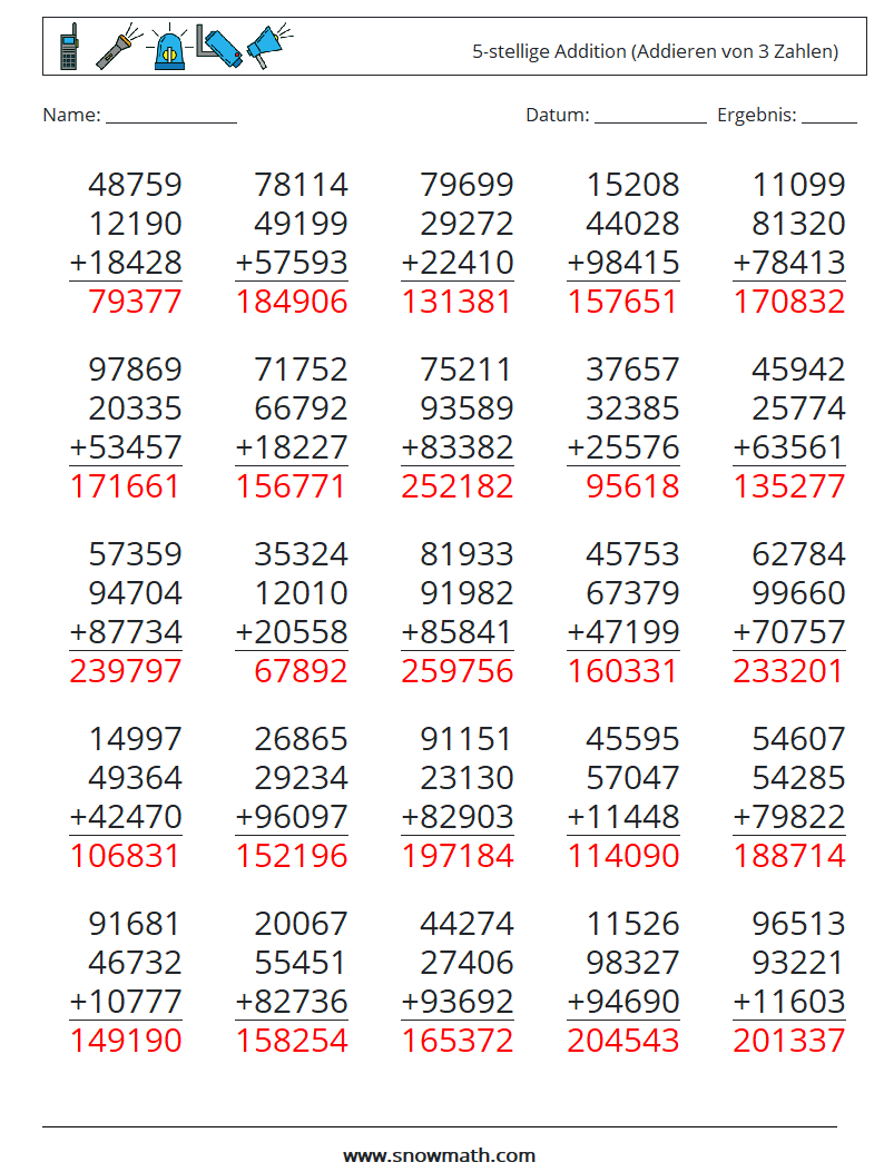 (25) 5-stellige Addition (Addieren von 3 Zahlen) Mathe-Arbeitsblätter 10 Frage, Antwort