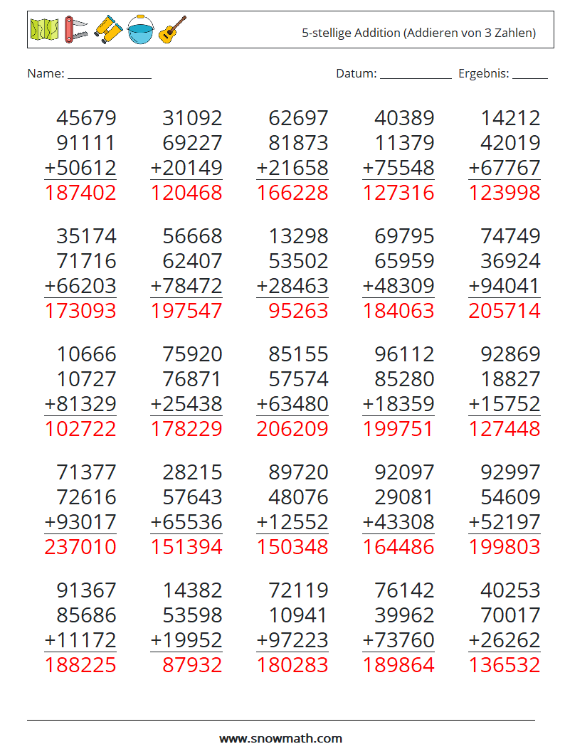 (25) 5-stellige Addition (Addieren von 3 Zahlen) Mathe-Arbeitsblätter 13 Frage, Antwort