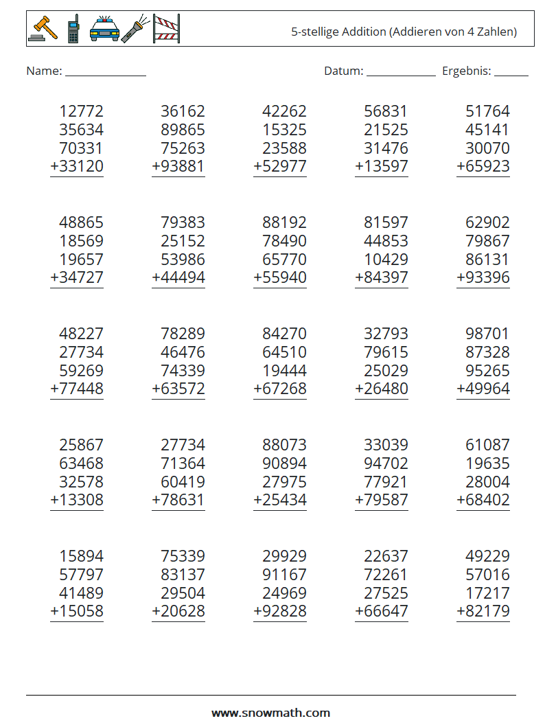 (25) 5-stellige Addition (Addieren von 4 Zahlen)