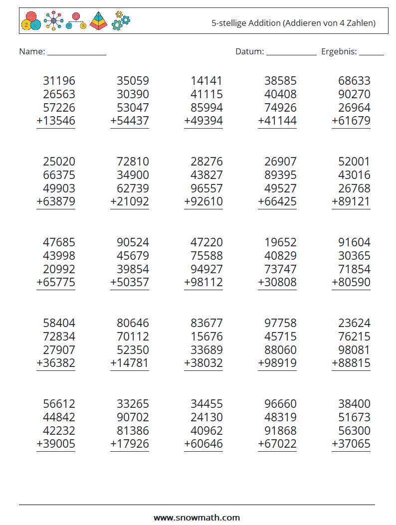 (25) 5-stellige Addition (Addieren von 4 Zahlen) Mathe-Arbeitsblätter 10