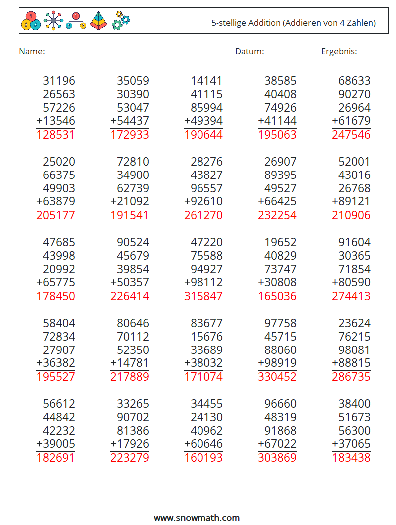 (25) 5-stellige Addition (Addieren von 4 Zahlen) Mathe-Arbeitsblätter 10 Frage, Antwort