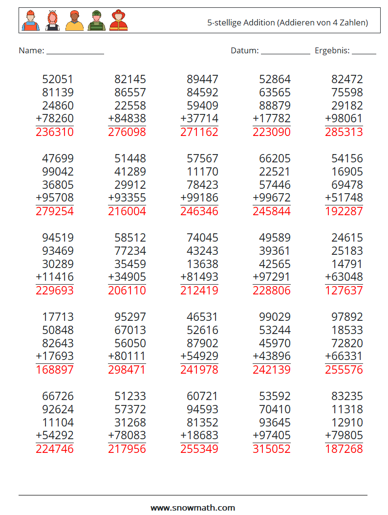 (25) 5-stellige Addition (Addieren von 4 Zahlen) Mathe-Arbeitsblätter 11 Frage, Antwort