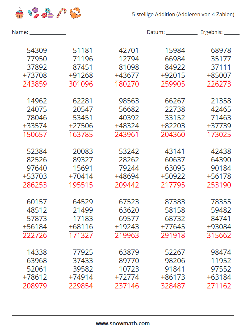 (25) 5-stellige Addition (Addieren von 4 Zahlen) Mathe-Arbeitsblätter 12 Frage, Antwort