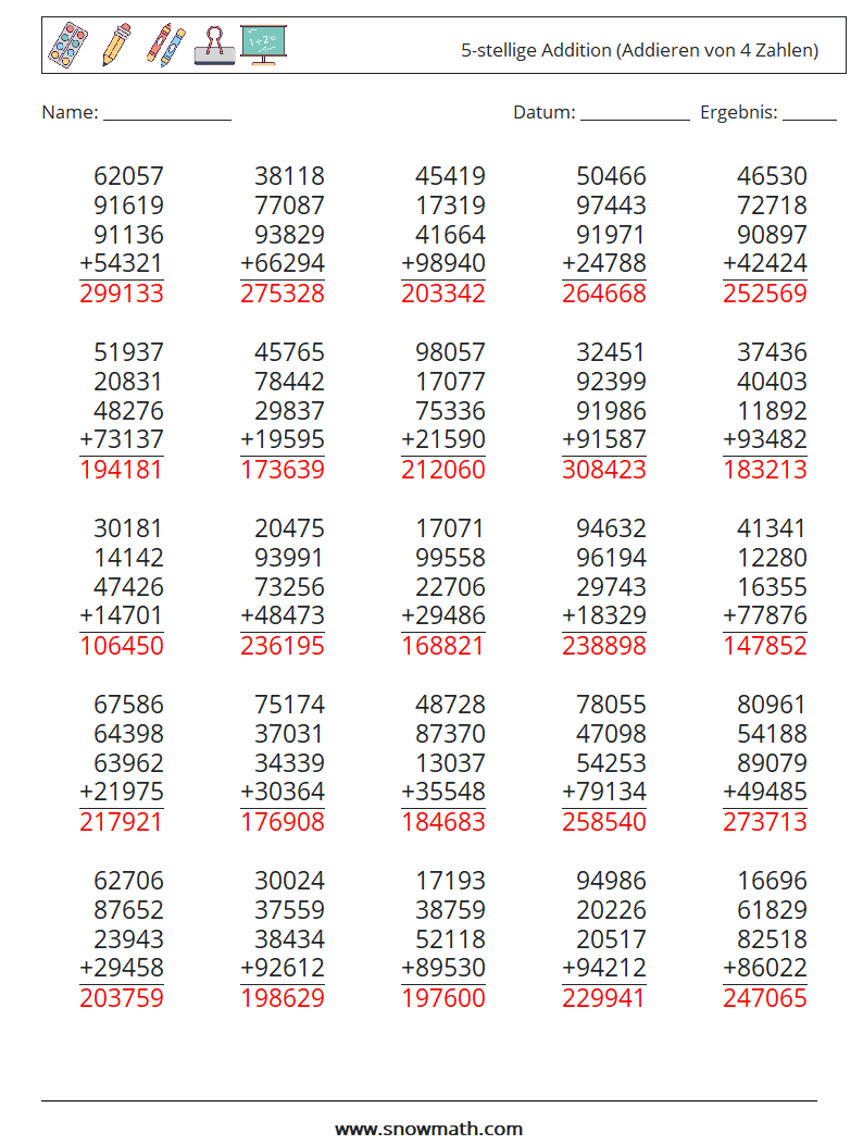 (25) 5-stellige Addition (Addieren von 4 Zahlen) Mathe-Arbeitsblätter 13 Frage, Antwort