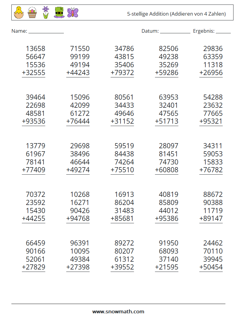 (25) 5-stellige Addition (Addieren von 4 Zahlen) Mathe-Arbeitsblätter 14