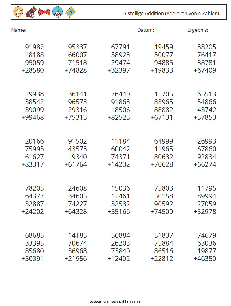 (25) 5-stellige Addition (Addieren von 4 Zahlen) Mathe-Arbeitsblätter 15