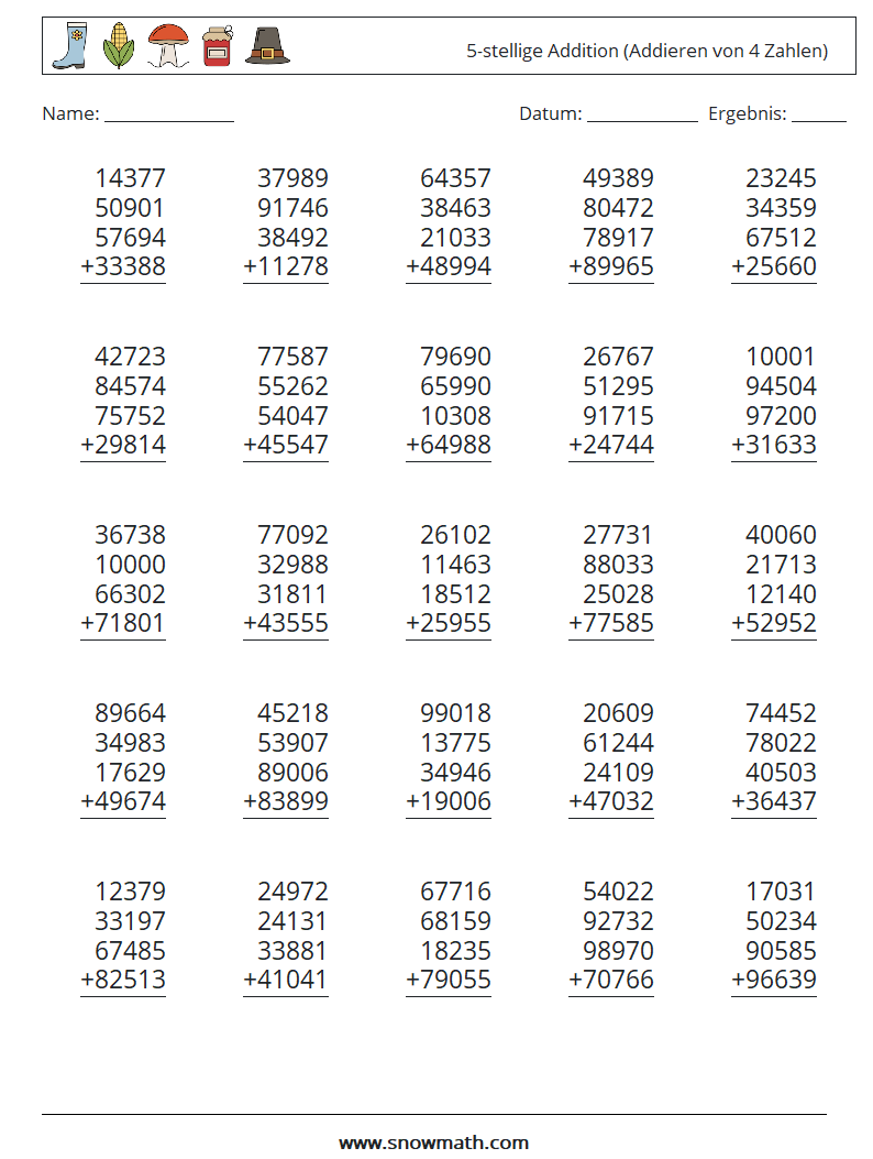 (25) 5-stellige Addition (Addieren von 4 Zahlen) Mathe-Arbeitsblätter 16