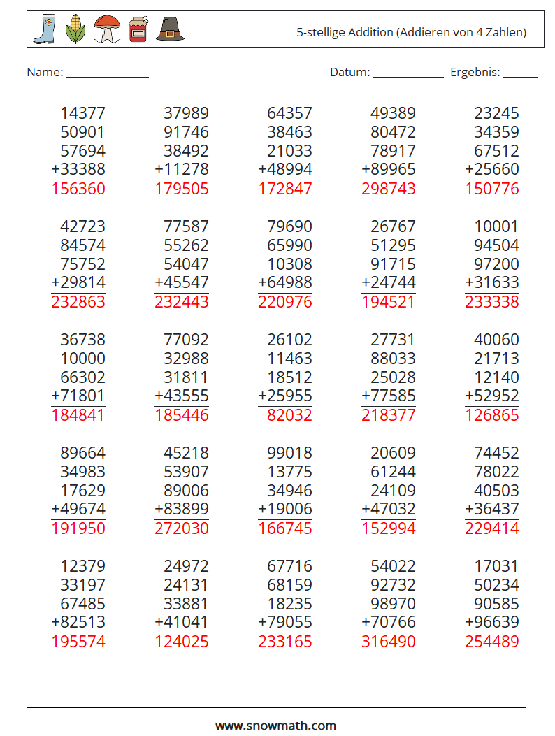 (25) 5-stellige Addition (Addieren von 4 Zahlen) Mathe-Arbeitsblätter 16 Frage, Antwort