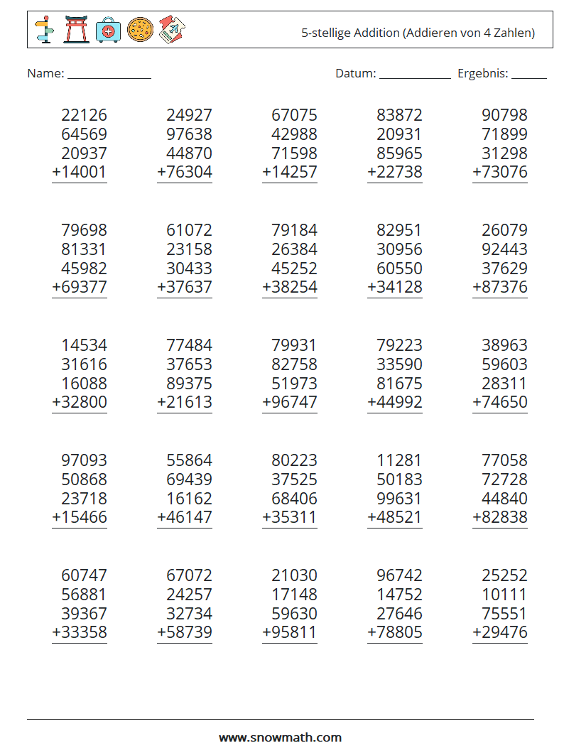 (25) 5-stellige Addition (Addieren von 4 Zahlen) Mathe-Arbeitsblätter 17