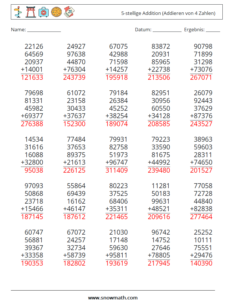 (25) 5-stellige Addition (Addieren von 4 Zahlen) Mathe-Arbeitsblätter 17 Frage, Antwort