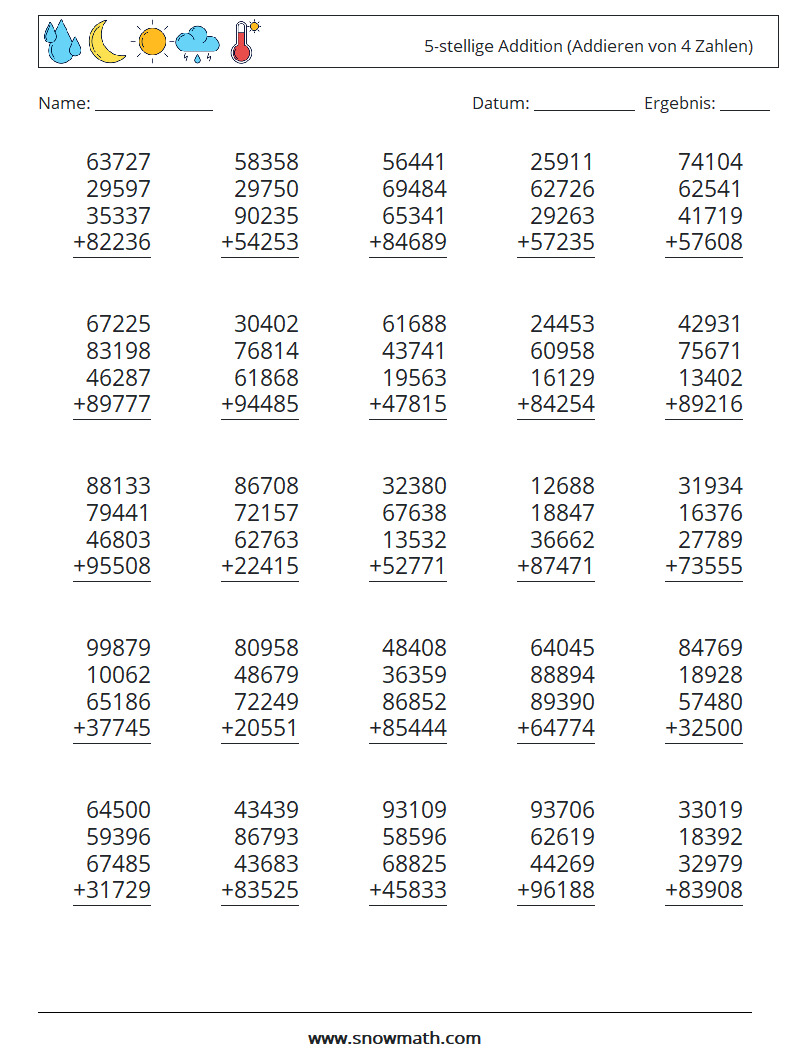 (25) 5-stellige Addition (Addieren von 4 Zahlen) Mathe-Arbeitsblätter 18