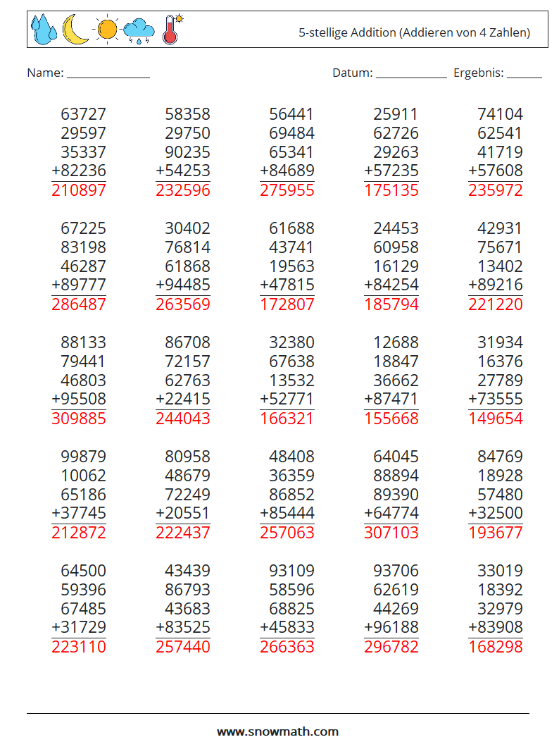 (25) 5-stellige Addition (Addieren von 4 Zahlen) Mathe-Arbeitsblätter 18 Frage, Antwort