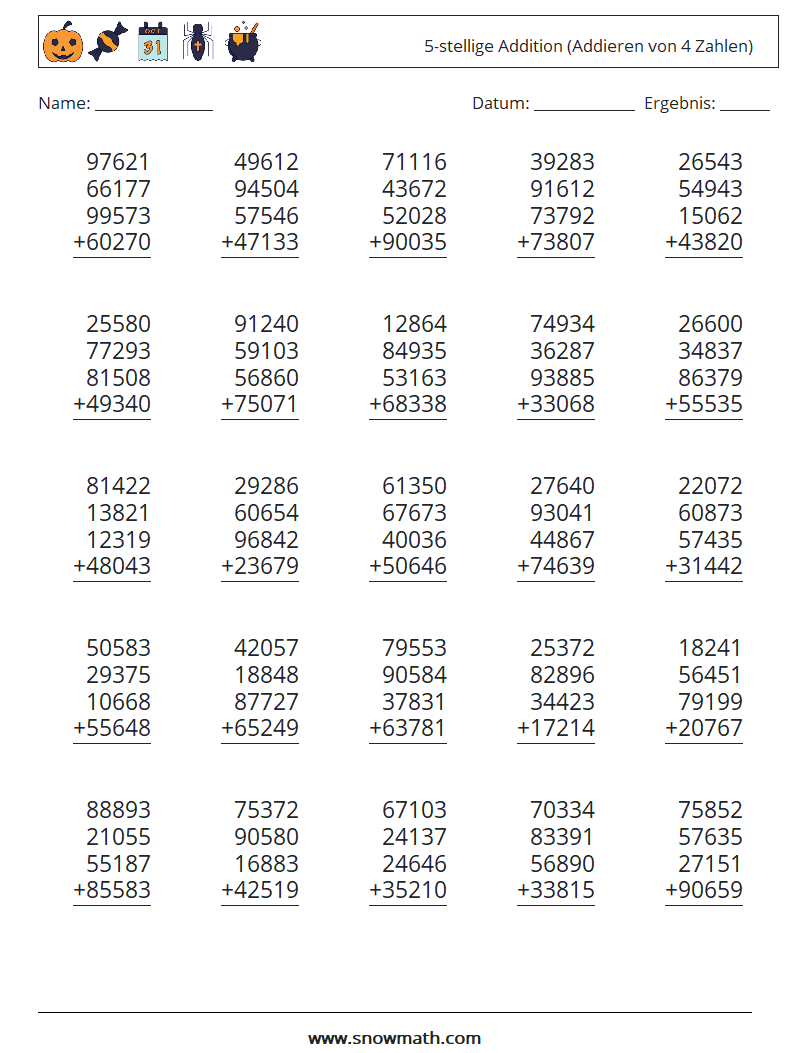 (25) 5-stellige Addition (Addieren von 4 Zahlen) Mathe-Arbeitsblätter 4