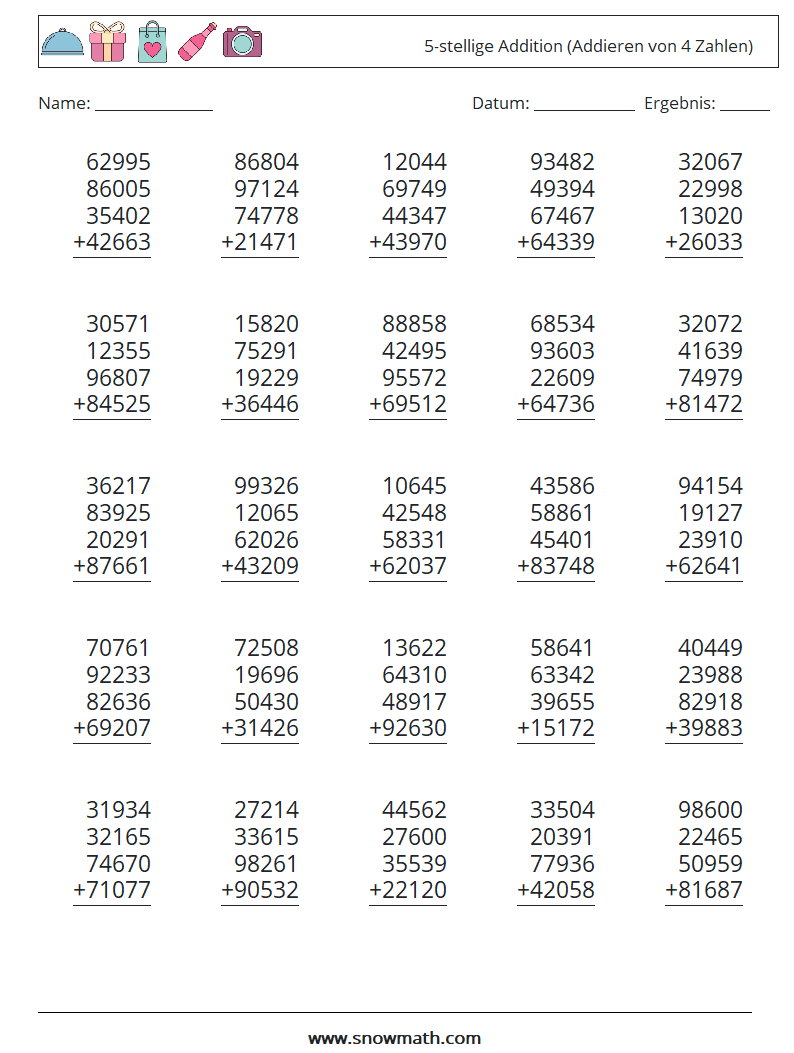 (25) 5-stellige Addition (Addieren von 4 Zahlen) Mathe-Arbeitsblätter 5