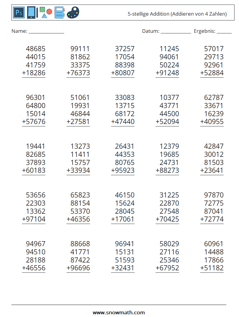 (25) 5-stellige Addition (Addieren von 4 Zahlen) Mathe-Arbeitsblätter 7