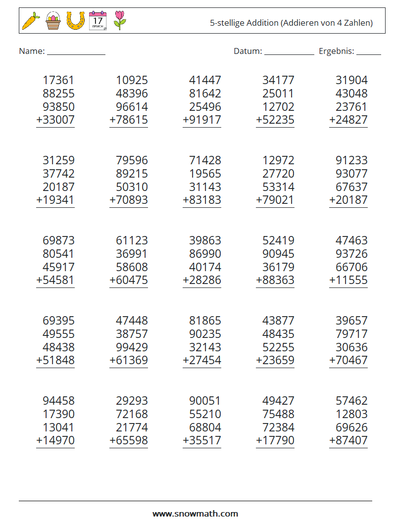 (25) 5-stellige Addition (Addieren von 4 Zahlen) Mathe-Arbeitsblätter 8