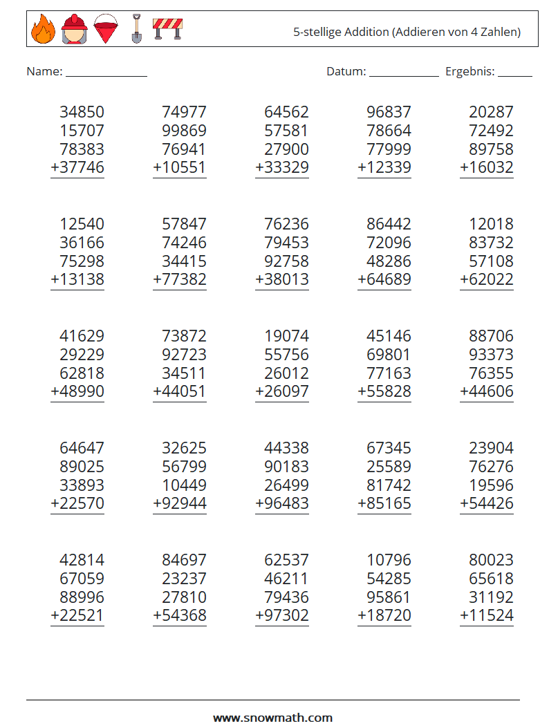 (25) 5-stellige Addition (Addieren von 4 Zahlen) Mathe-Arbeitsblätter 9
