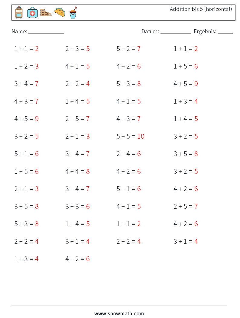 (50) Addition bis 5 (horizontal) Mathe-Arbeitsblätter 1 Frage, Antwort