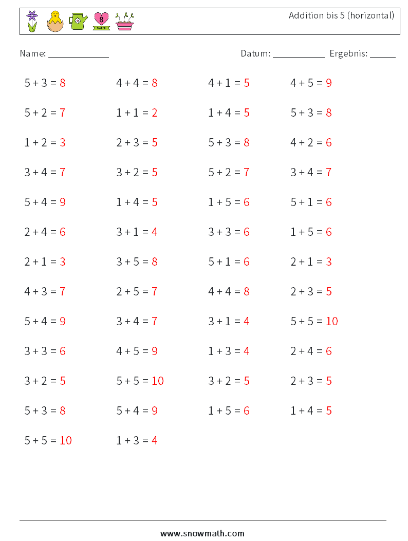 (50) Addition bis 5 (horizontal) Mathe-Arbeitsblätter 2 Frage, Antwort
