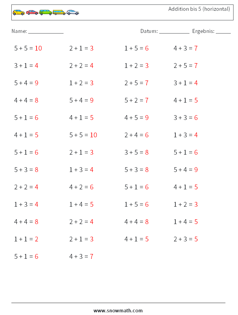 (50) Addition bis 5 (horizontal) Mathe-Arbeitsblätter 3 Frage, Antwort