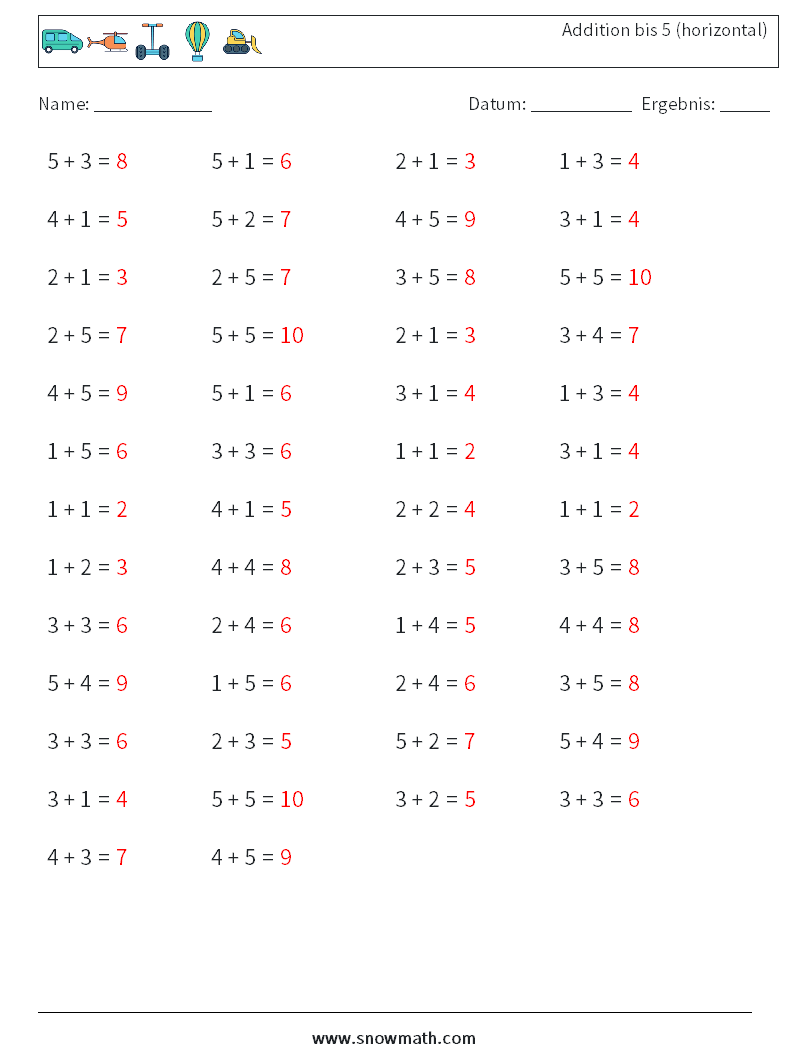 (50) Addition bis 5 (horizontal) Mathe-Arbeitsblätter 4 Frage, Antwort