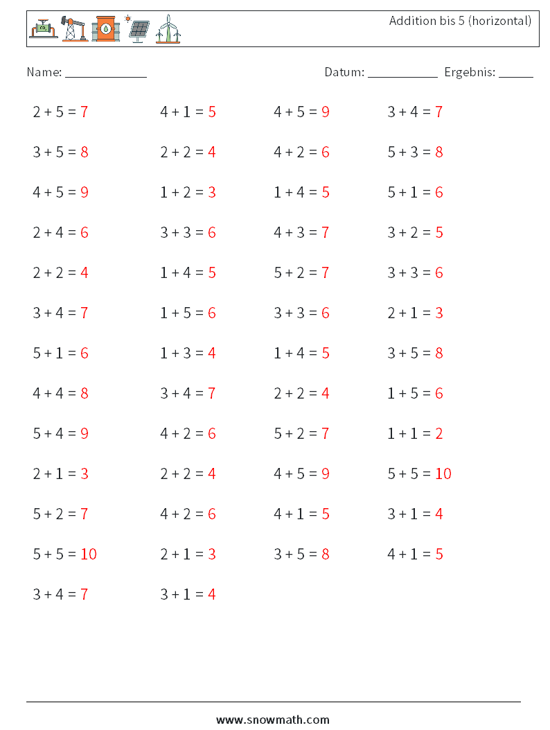 (50) Addition bis 5 (horizontal) Mathe-Arbeitsblätter 5 Frage, Antwort