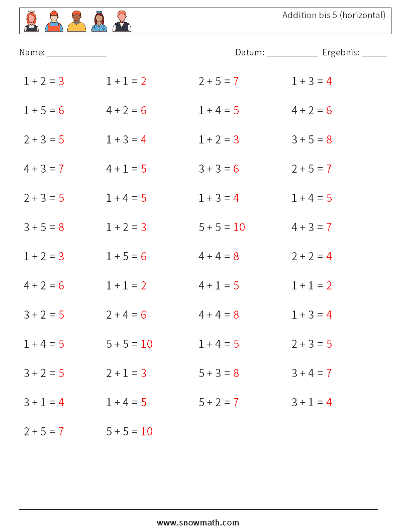 (50) Addition bis 5 (horizontal) Mathe-Arbeitsblätter 6 Frage, Antwort