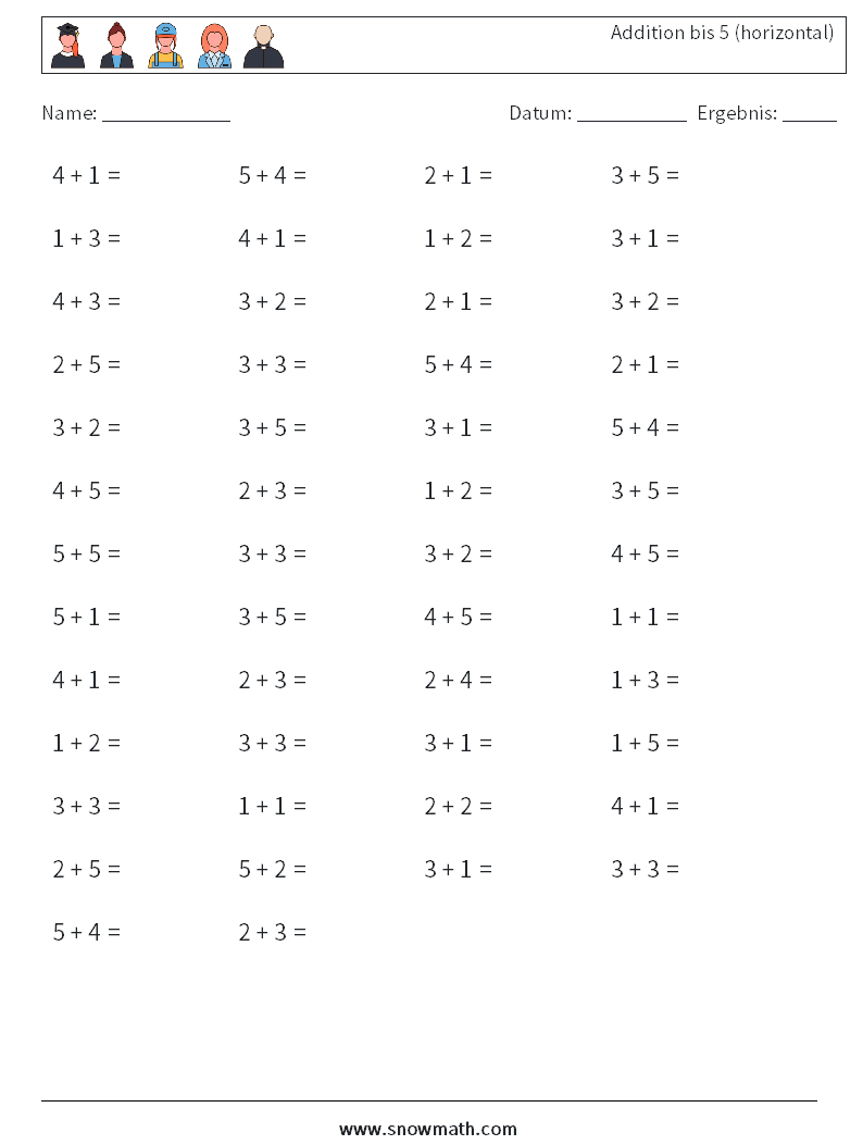 (50) Addition bis 5 (horizontal) Mathe-Arbeitsblätter 7