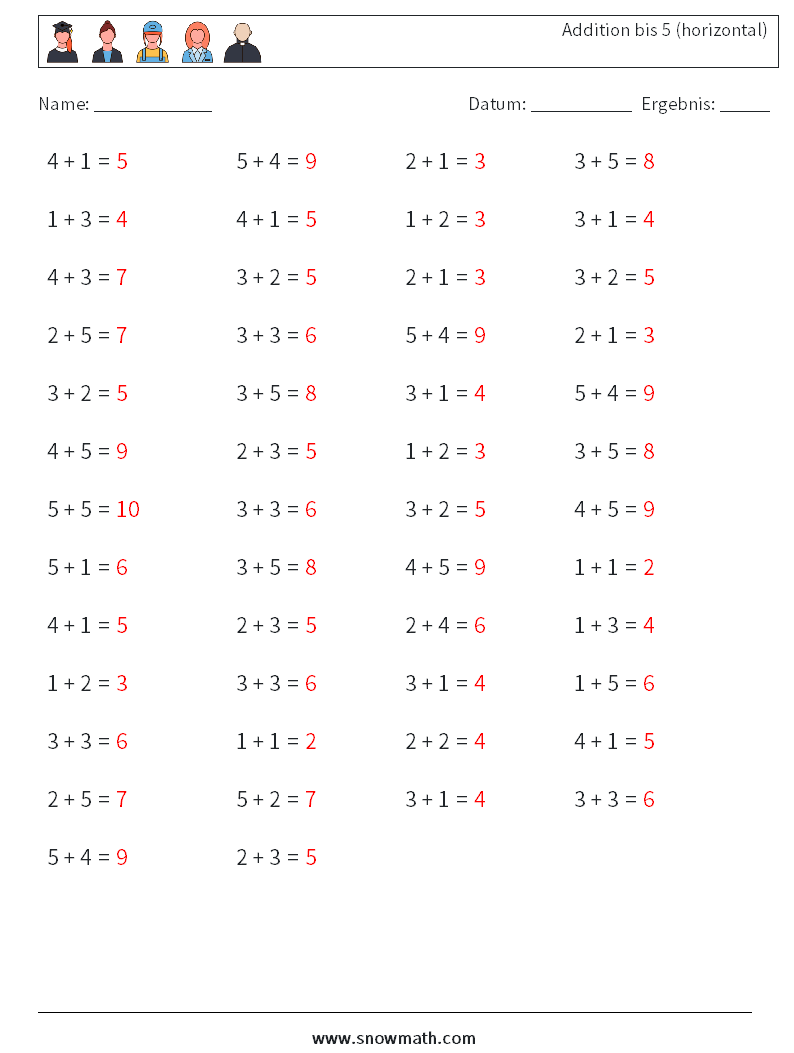 (50) Addition bis 5 (horizontal) Mathe-Arbeitsblätter 7 Frage, Antwort