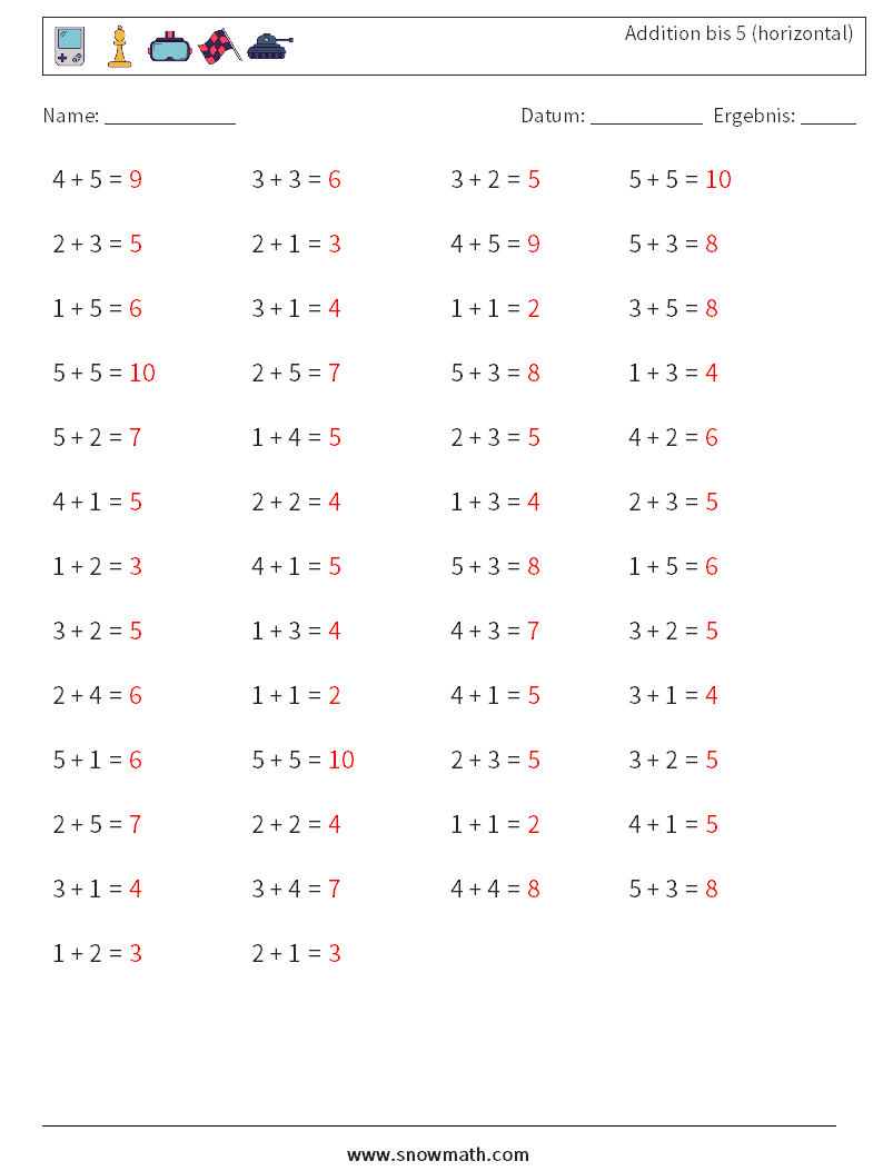 (50) Addition bis 5 (horizontal) Mathe-Arbeitsblätter 8 Frage, Antwort