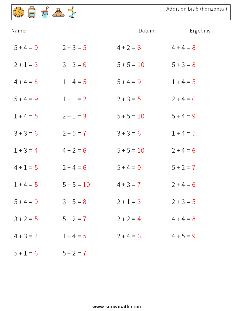 (50) Addition bis 5 (horizontal) Mathe-Arbeitsblätter 9 Frage, Antwort