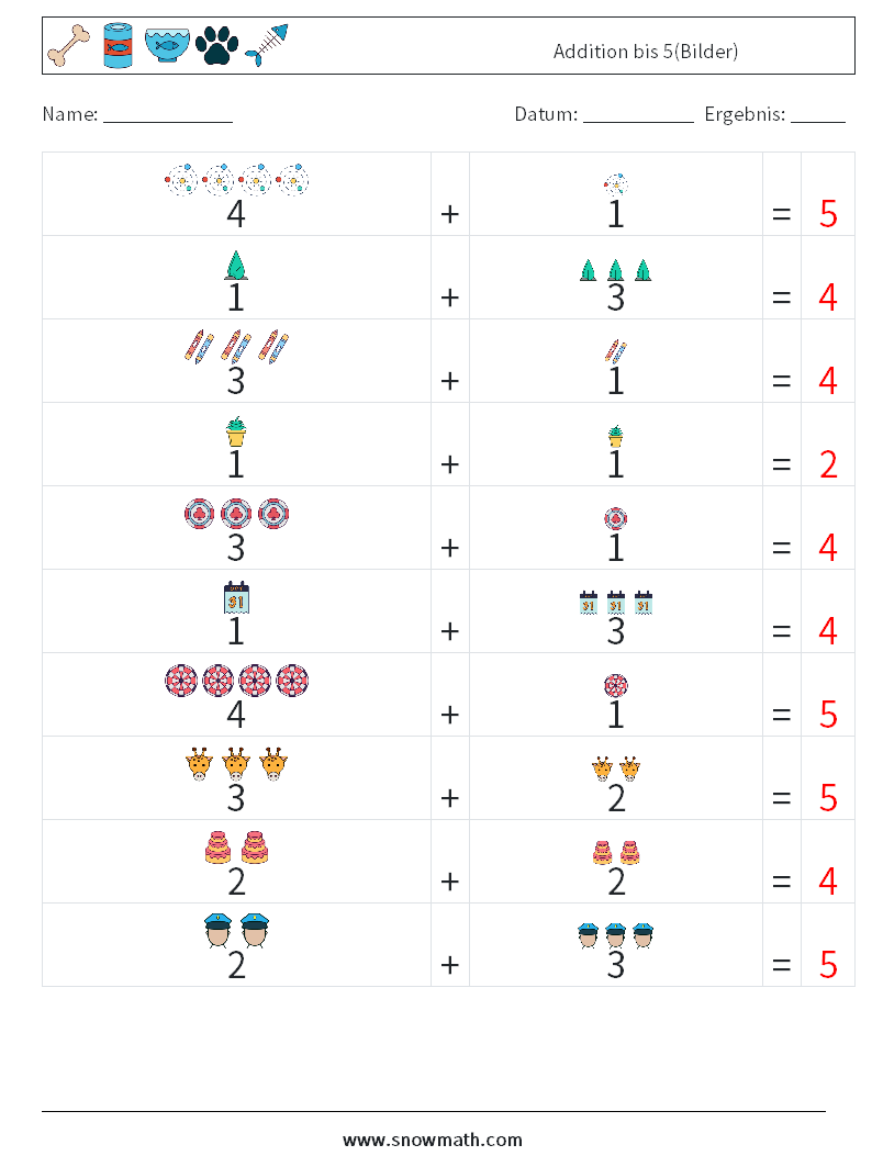 Addition bis 5(Bilder) Mathe-Arbeitsblätter 10 Frage, Antwort