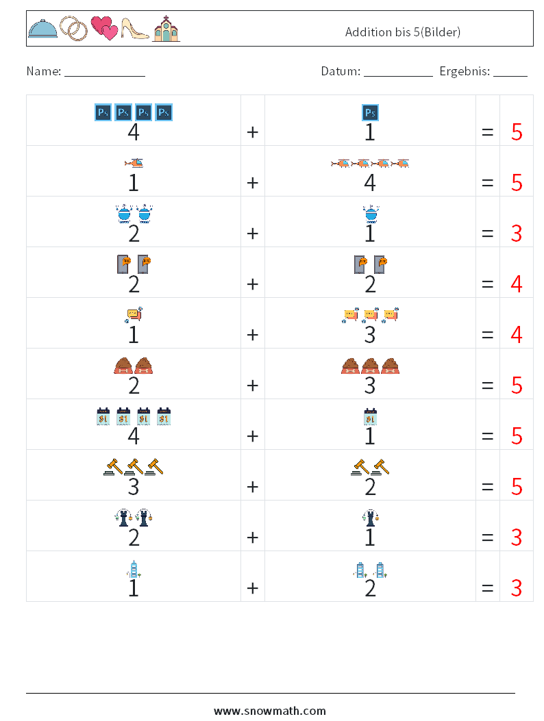 Addition bis 5(Bilder) Mathe-Arbeitsblätter 17 Frage, Antwort