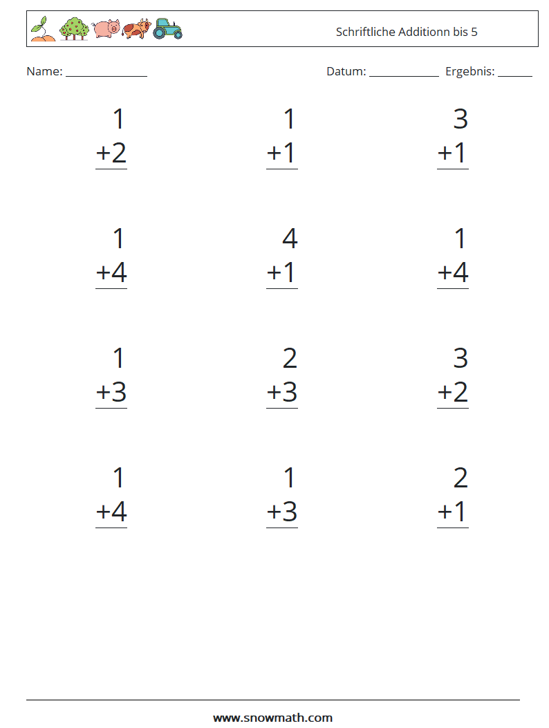 (12) Schriftliche Additionn bis 5 Mathe-Arbeitsblätter 5