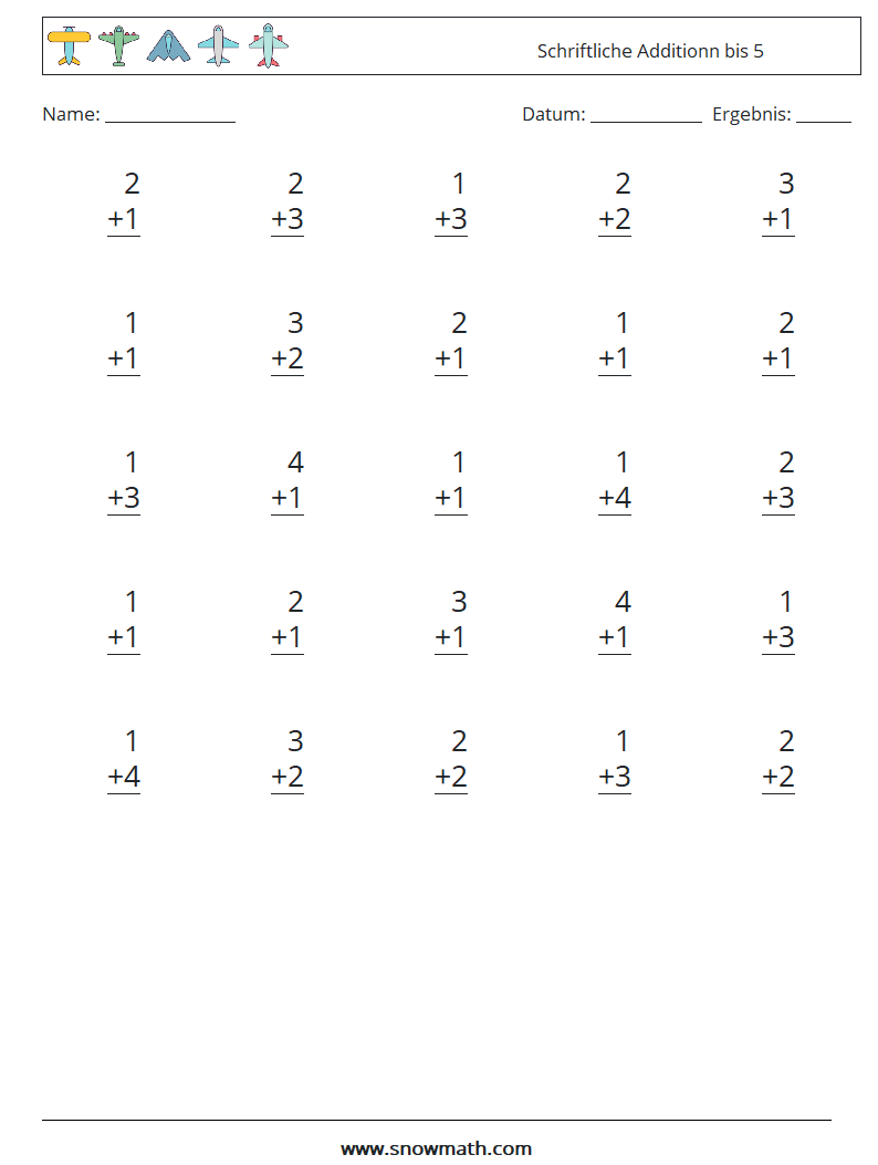 (25) Schriftliche Additionn bis 5 Mathe-Arbeitsblätter 2