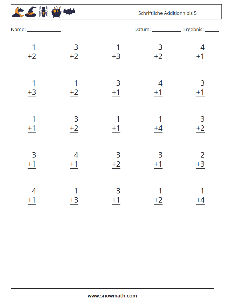 (25) Schriftliche Additionn bis 5 Mathe-Arbeitsblätter 3
