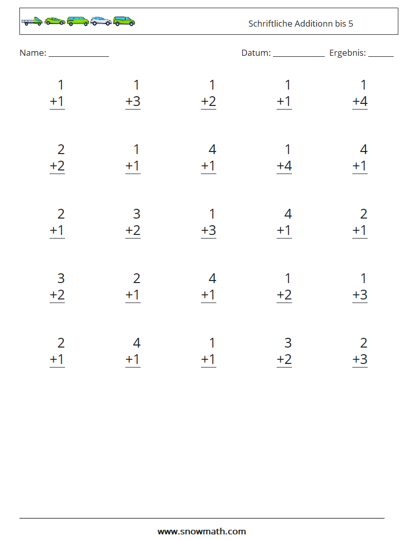 (25) Schriftliche Additionn bis 5 Mathe-Arbeitsblätter 5
